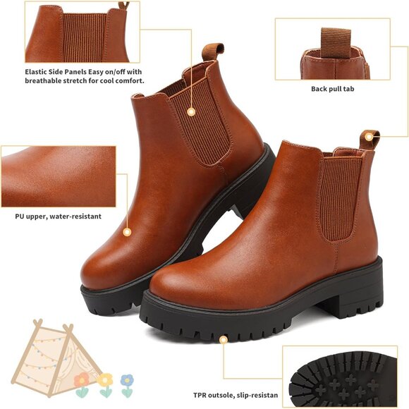 Girls Brown Pull-On Fall Chelsea Boots Water-Resistant PU Ankle Heel Boots - Picture 5 of 7